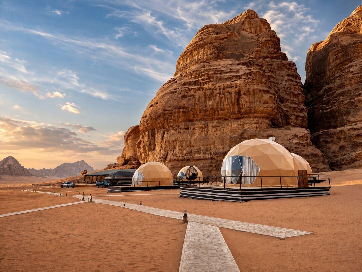 A desert landscape with three dome-shaped structures, a paved walkway, and a vehicle.