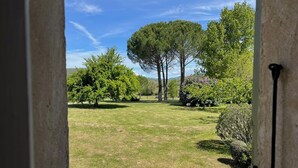 A view of a well-maintained garden with a stone pathway leading through it. - Lavender, Luberon view, pool, air-conditioning : Villa Mas des Lavandes 2 BR. 4* (Céreste)