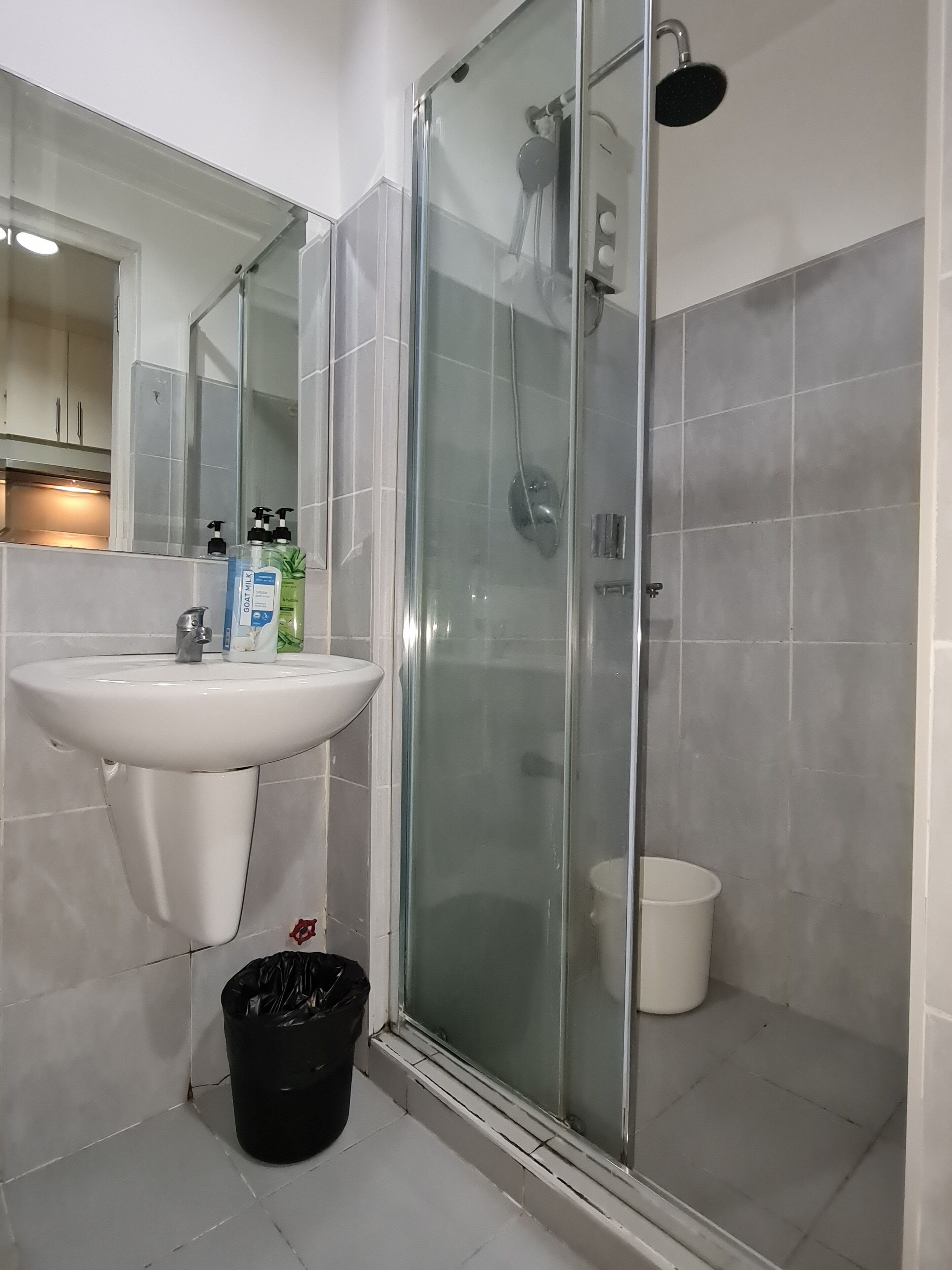 A bathroom with a glass-enclosed shower, a sink, and a mirror.