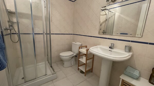 A bathroom with a glass shower enclosure, a toilet, a sink, and a mirror.