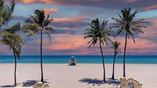 A beach with palm trees, a lifeguard tower, and a clear sky.