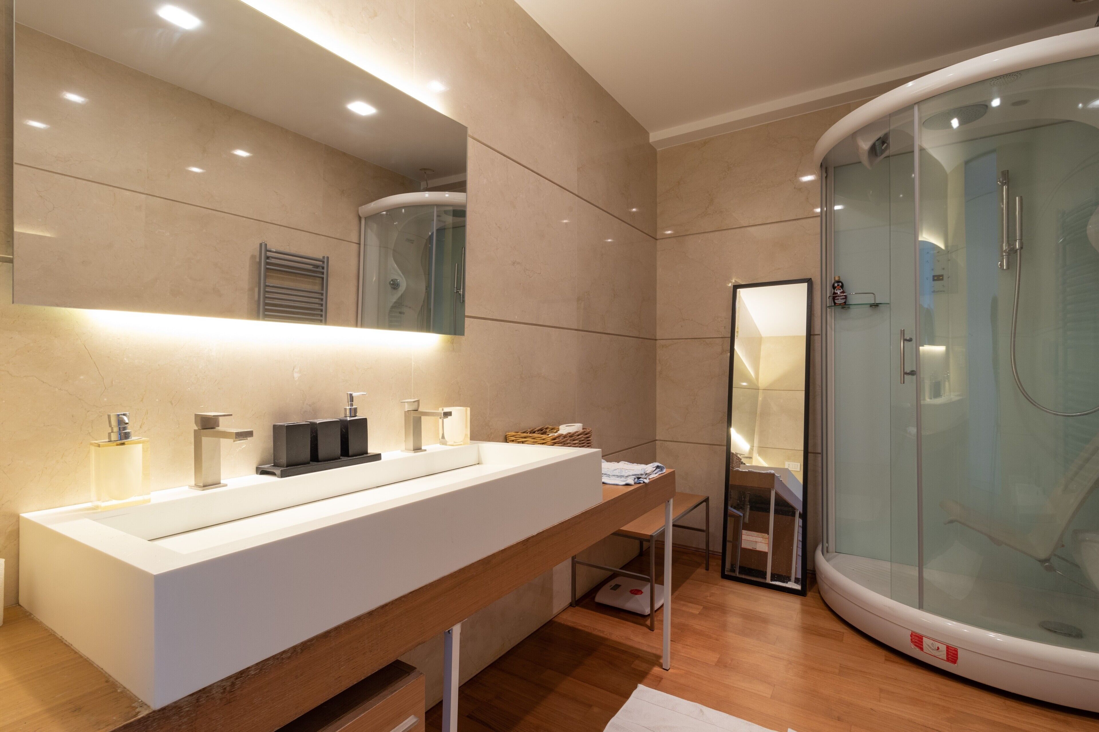 Shower, hair dryer, towels