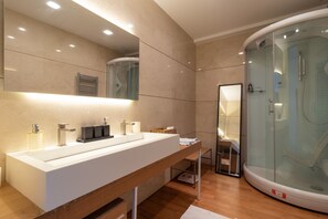 Chuveiro, secador de cabelo, toalhas de banho 