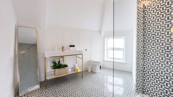 Combined shower/bathtub, hair dryer, towels