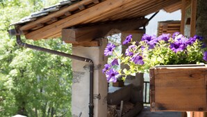 A wooden planter with purple flowers on a porch. - Chalet 'Civico 5' with Mountain View, Shared Garden and Wi-Fi (Marmora)