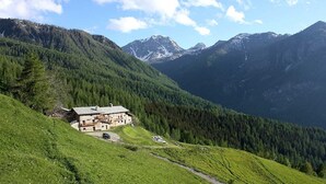 Una cabaña de montaña con fachada de piedra, rodeada de exuberante vegetación y picos nevados.