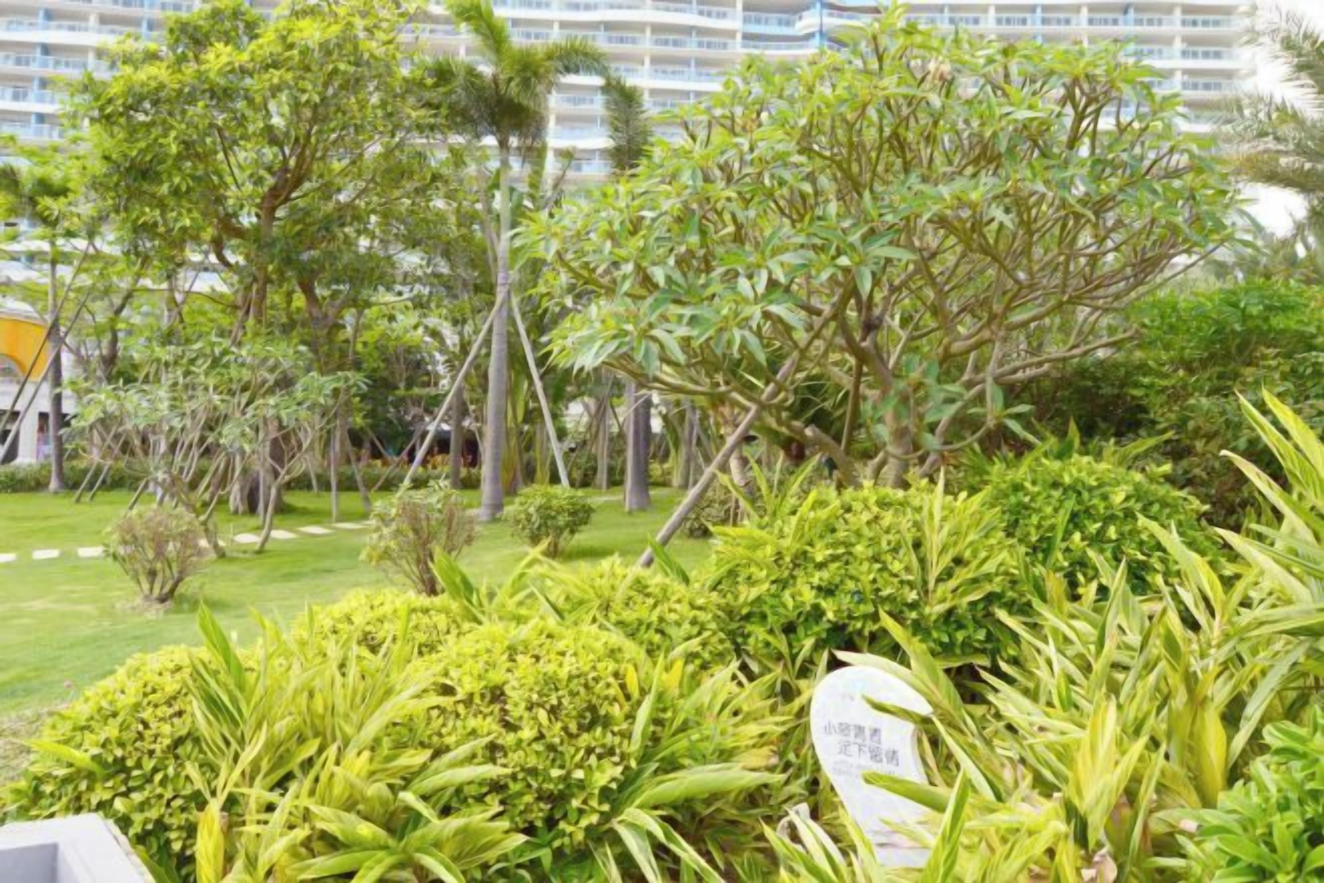 A landscaped garden area with various plants and trees, a sign with text, and a building in the background.