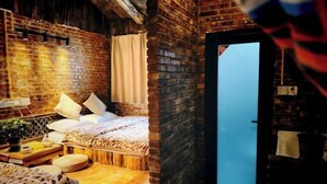 A cozy room with a brick wall, a bed with white bedding, a small table with a plant, and a door with a light panel. - Caiyunjian Inn (Shangri-La)