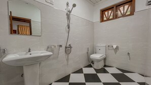 A bathroom with a white sink, a toilet, and a shower. - Royal Guest Inn (Nuwara Eliya)