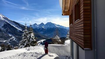 Une cabane en bois avec vue sur une montagne enneigée.