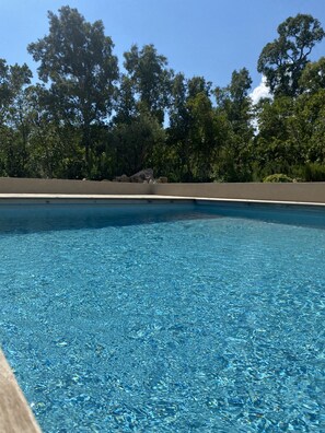 Una piscina azul cristalina rodeada de árboles.