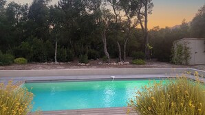 Una piscina con bordo in legno, circondata da alberi e un piccolo capanno.