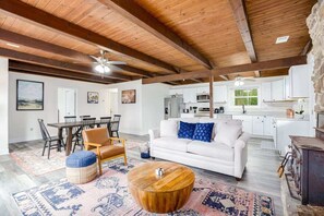 TV, fireplace, books, offices