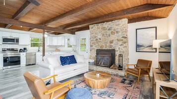 TV, fireplace, books, offices