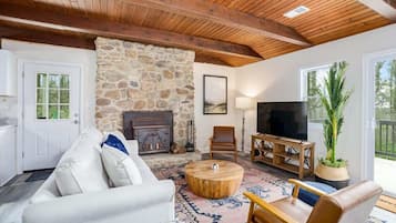 Televisión, chimenea, libros y oficina