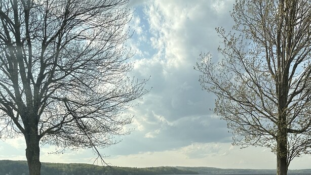 A lakeside view with a dock, grassy area, and trees. - Lakefront All Season Home (Sabattus)