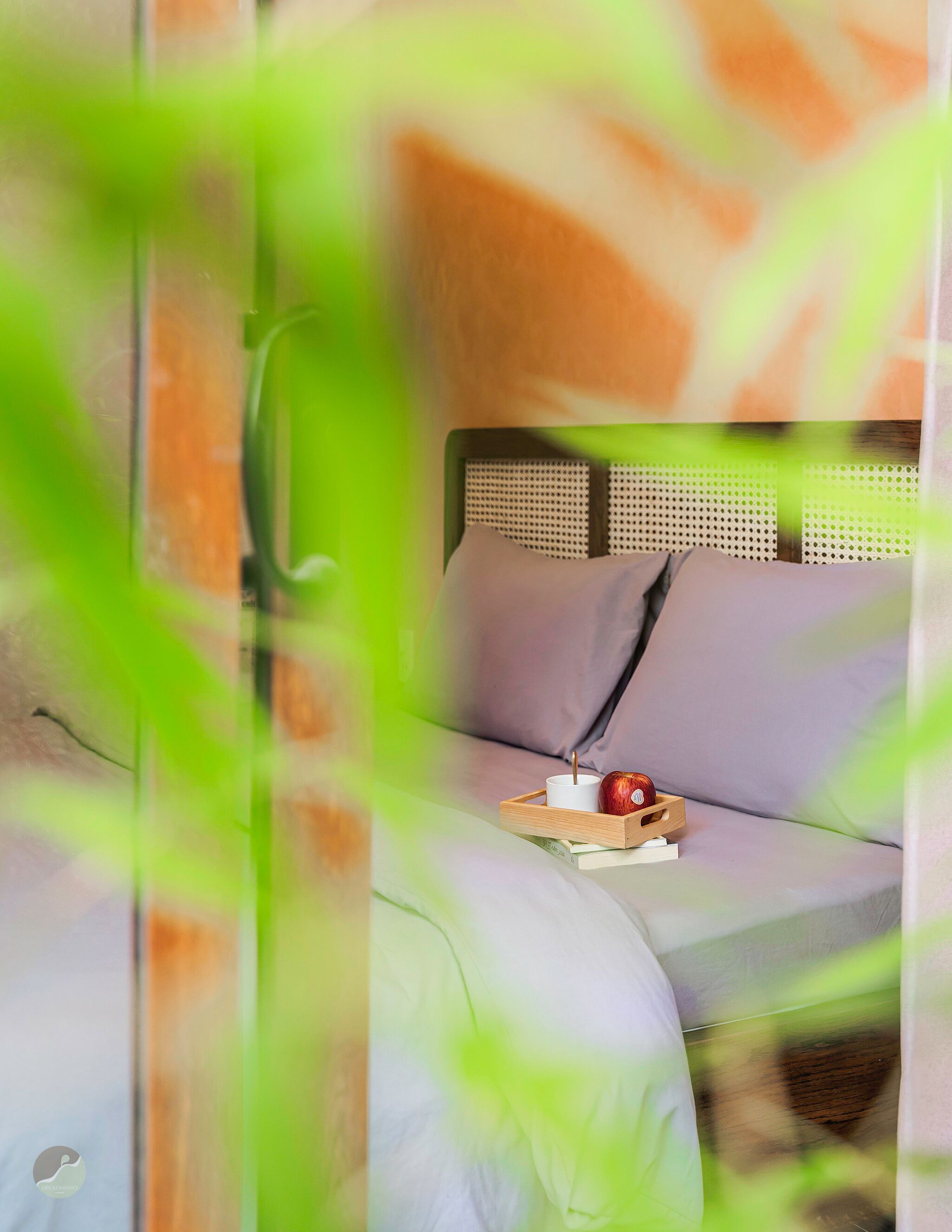 Een moderne kamer met een grijze bank, een houten dienblad met een kaars en een appel, en een groene plant op de voorgrond.