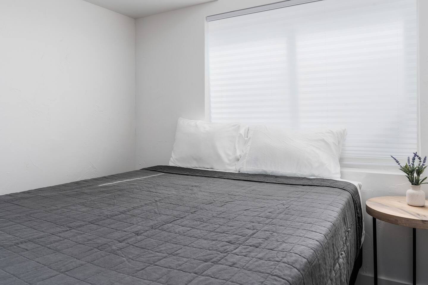 A bedroom with a bed, white walls, a window with blinds, and a small round table with a plant.