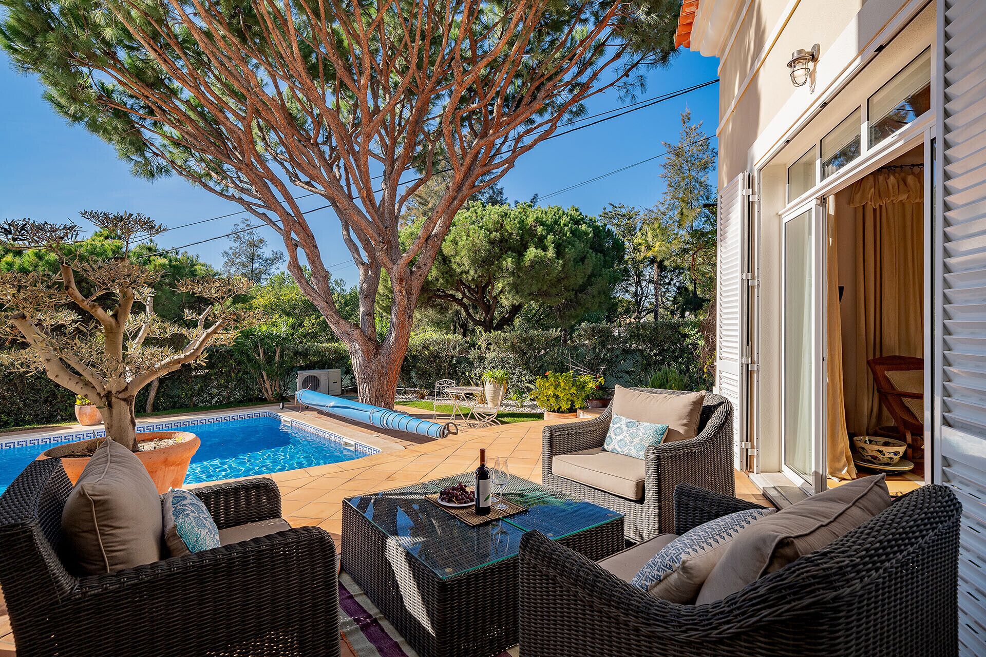 A poolside area with wicker furniture, a small pool, and a large tree.