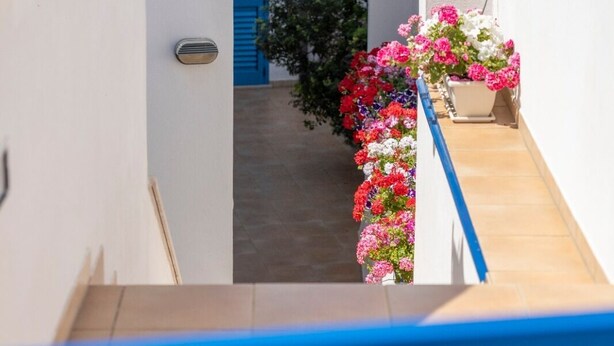 Un estrecho pasillo exterior con barandilla azul que conduce a una puerta con contraventana azul. Hay macetas con flores a lo largo de la barandilla.