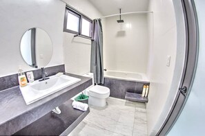 Bathtub, hair dryer, towels