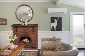 Televisión, chimenea, libros y estéreo 