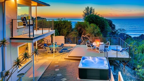 Un espace de vie extérieur moderne, doté d’un jacuzzi, de sièges et offrant une vue sur l’océan au coucher du soleil.