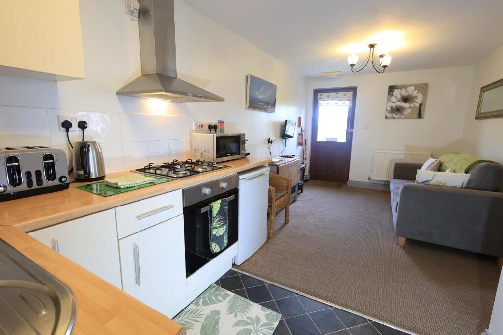 A compact kitchen with a gas stove, a microwave, and a toaster. There is a dining area with a chair and a sofa.