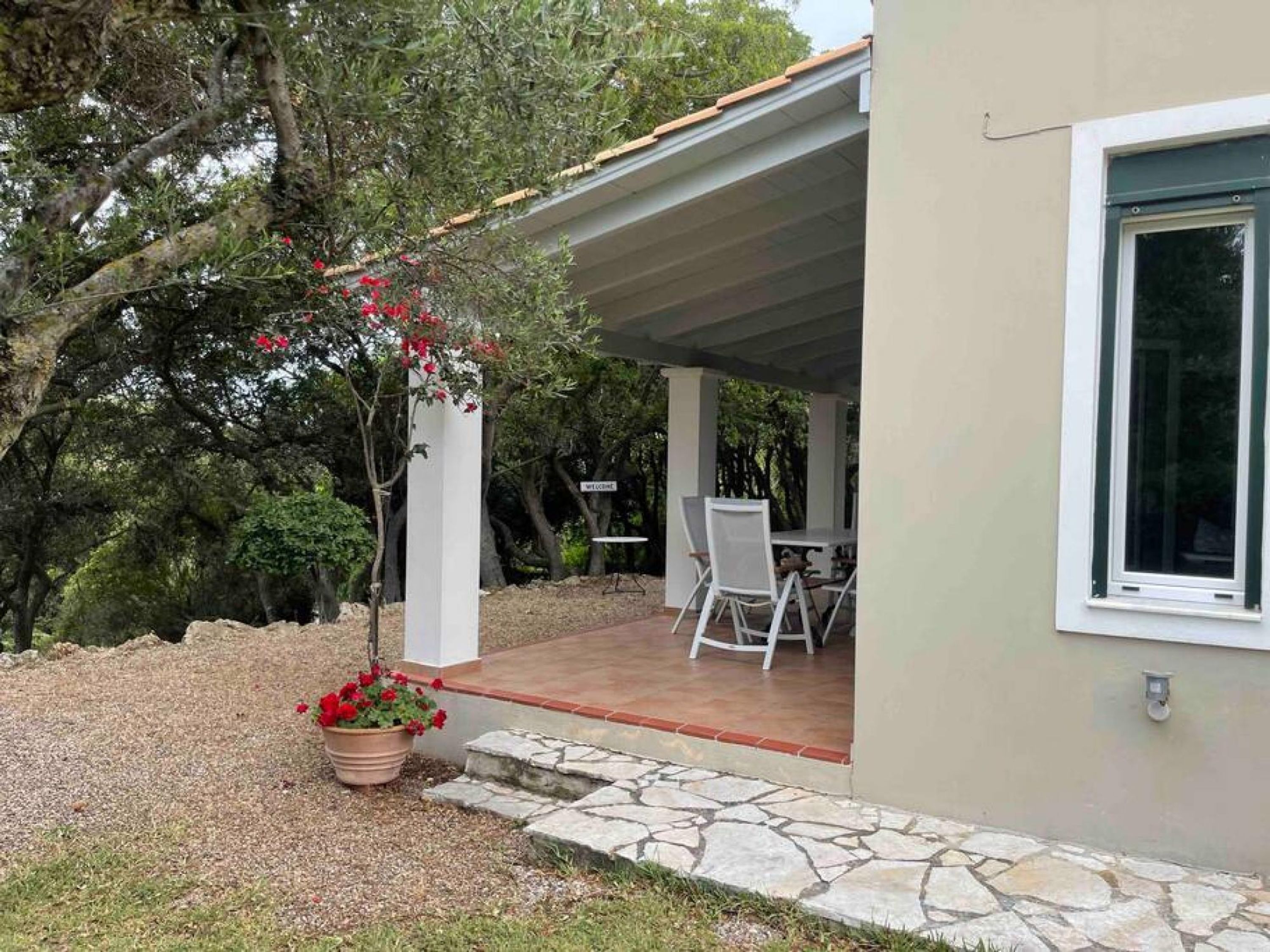 A covered patio with a table and chairs, surrounded by trees and a potted plant.