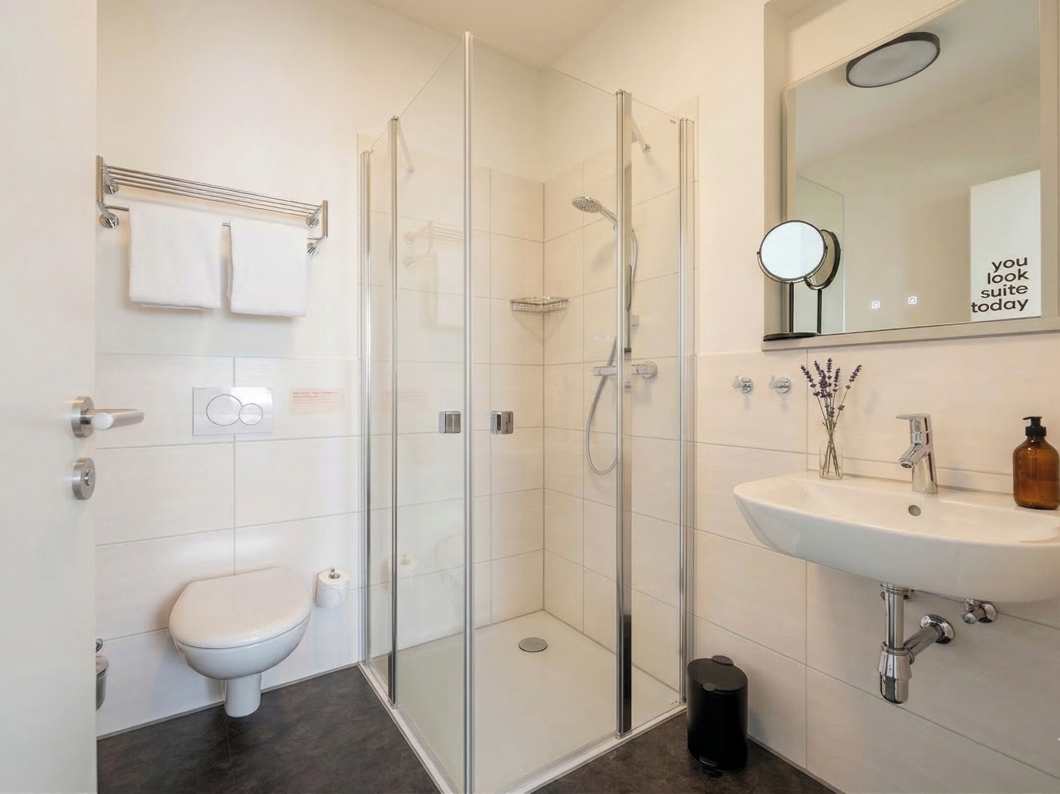 A modern bathroom with a glass-enclosed shower, a white toilet, a sink with a mirror, and a towel rack.