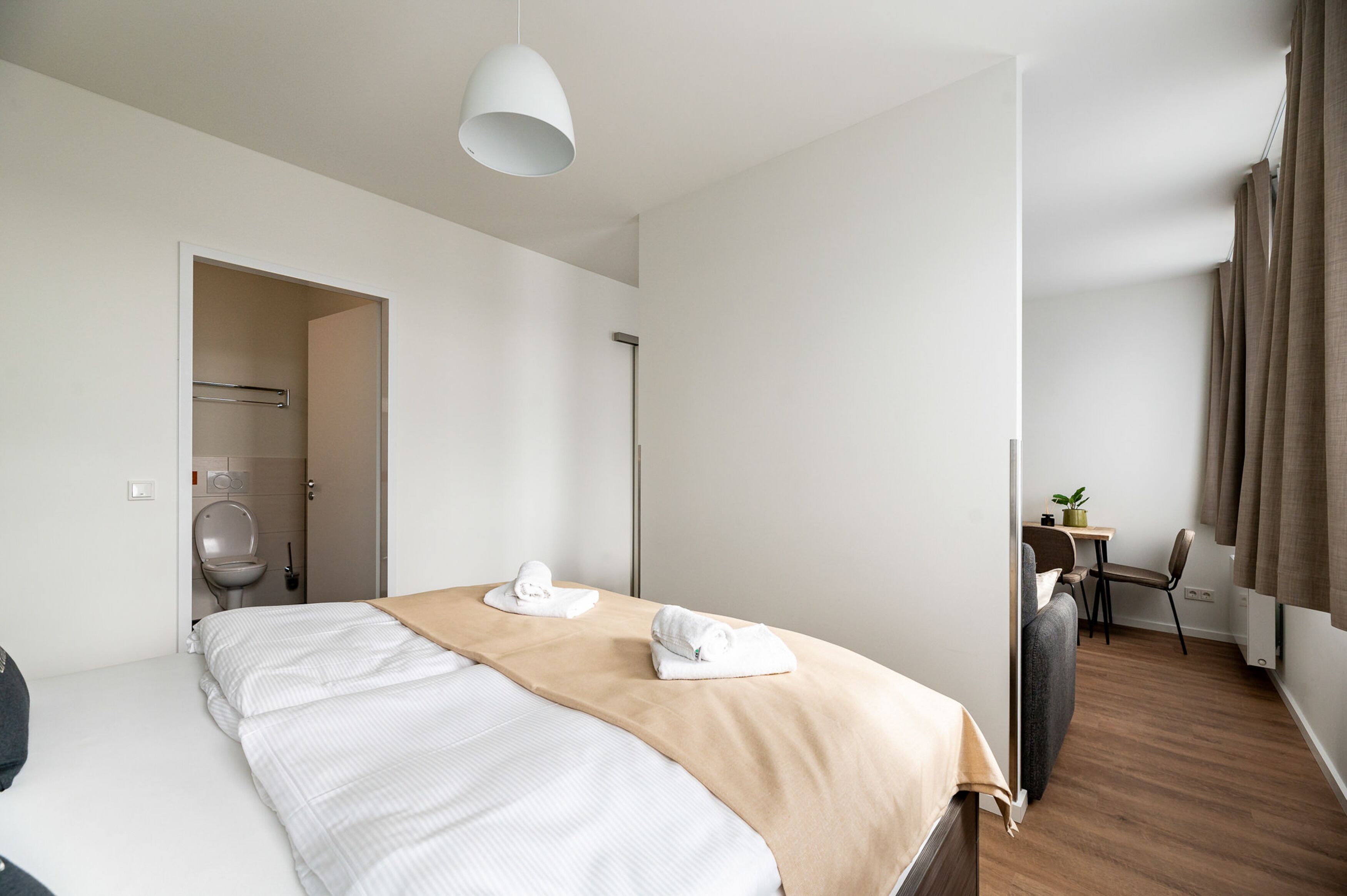 A modern hotel room with a bed, a desk, and a shower area.