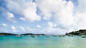 A marina with multiple boats docked under a partly cloudy sky. - Beautiful Secluded Island Getaway (St. Thomas)