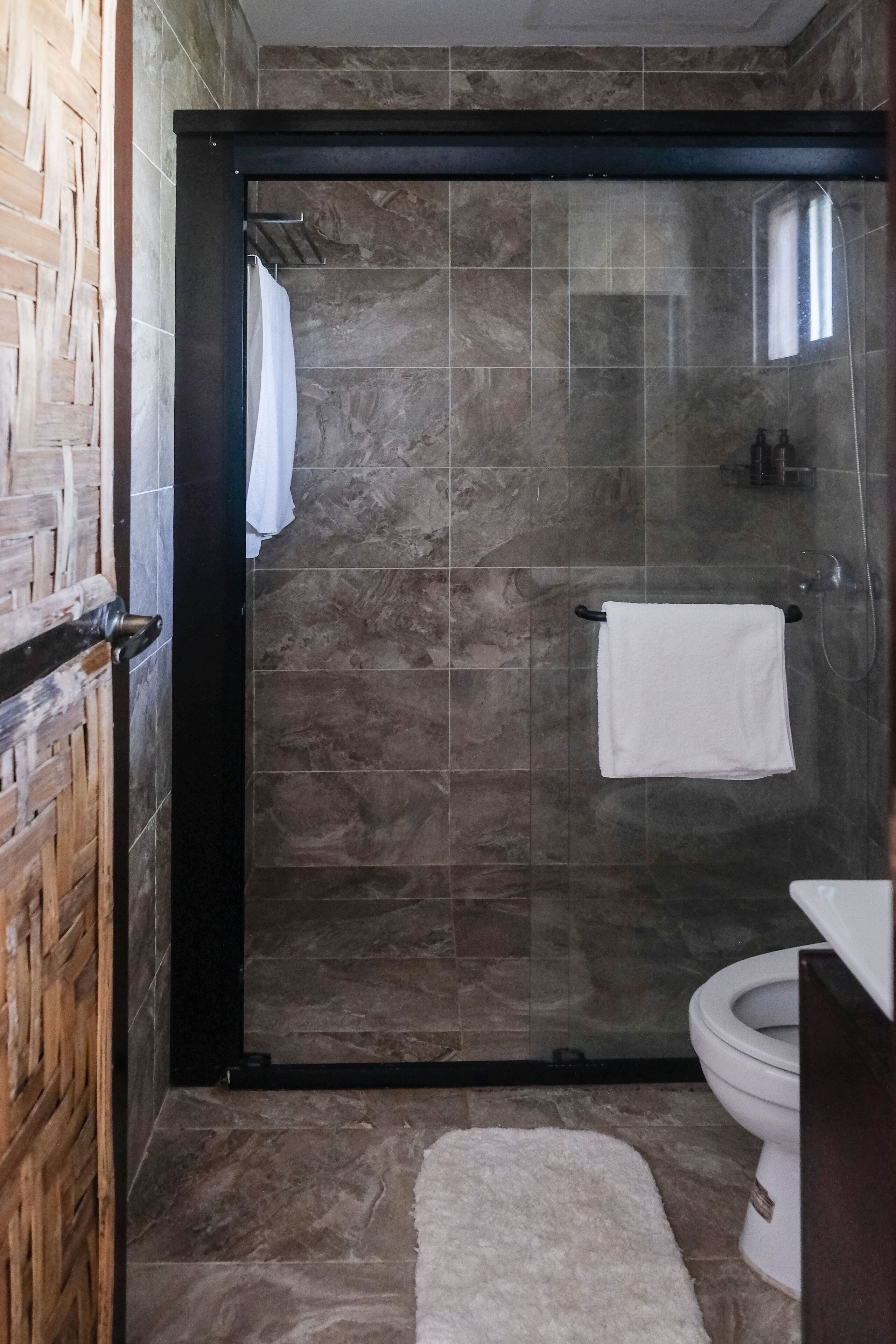 Un baño con cabina de ducha de vidrio, un inodoro blanco y un perchero para toallas.