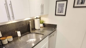 A modern kitchen with white cabinets, a granite countertop, a stainless steel sink, and a small potted plant.
