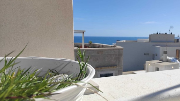 A balcony with a potted plant, a view of the sea, and buildings in the background. - Viasarnelli72 b&b (Polignano a Mare)