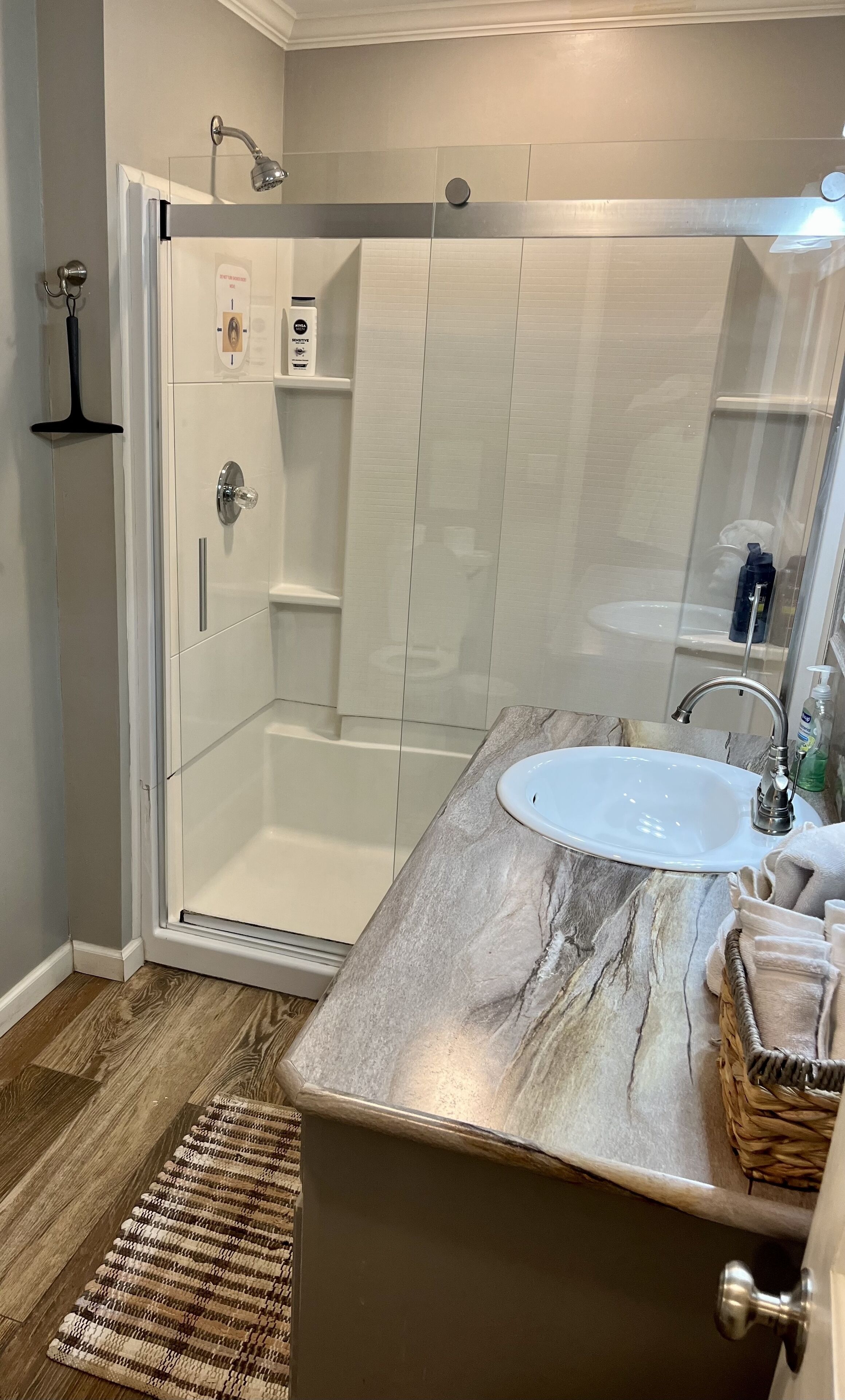 Shower, towels, soap, shampoo
