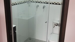 Un box de ducha con paredes de vidrio, un inodoro y un lavabo.