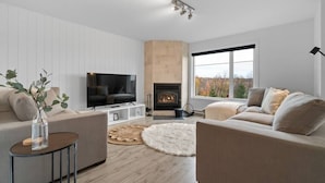 A modern living room with a fireplace, a television, and two sofas.