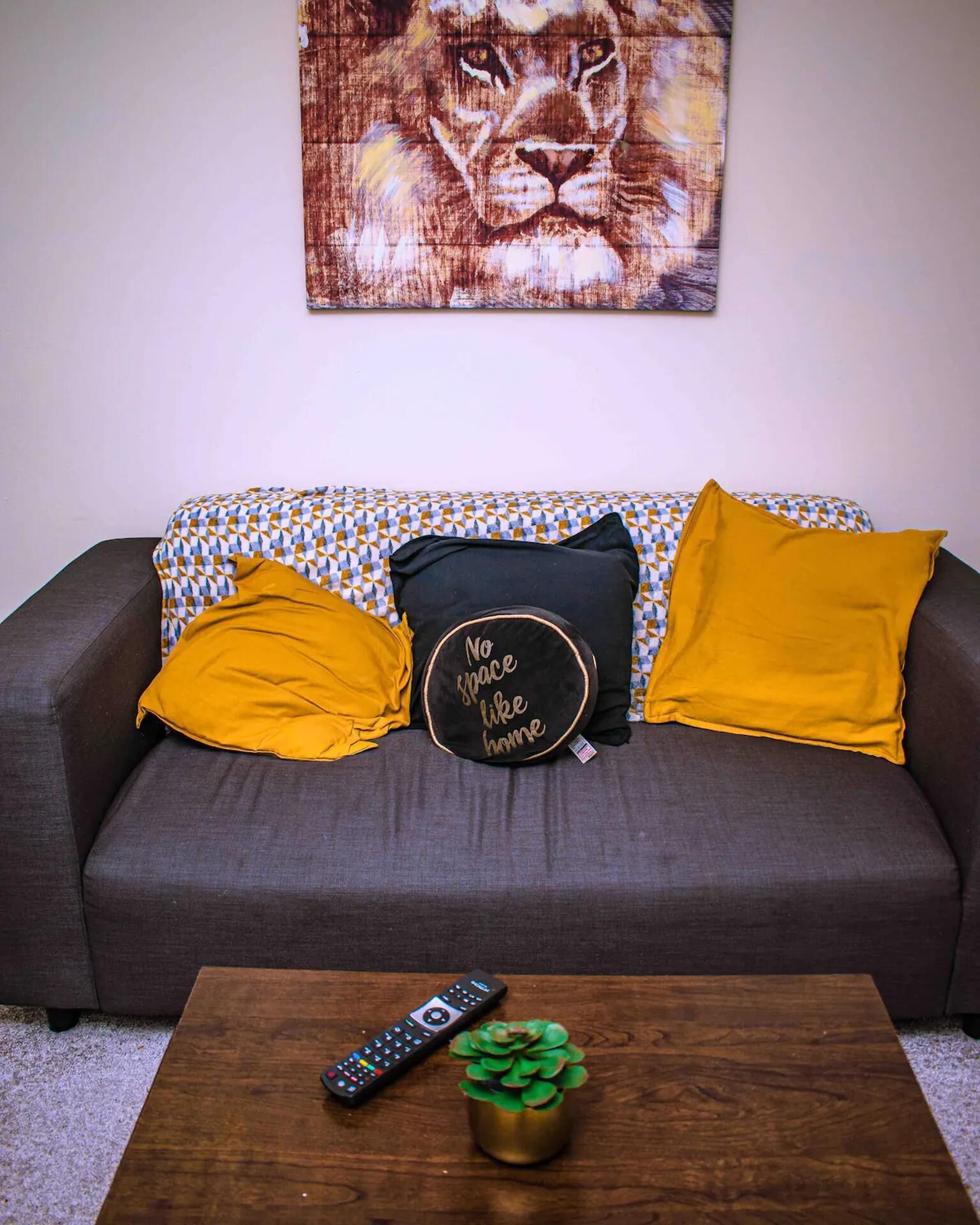 A grey sofa with patterned cushions and a wall-mounted artwork.