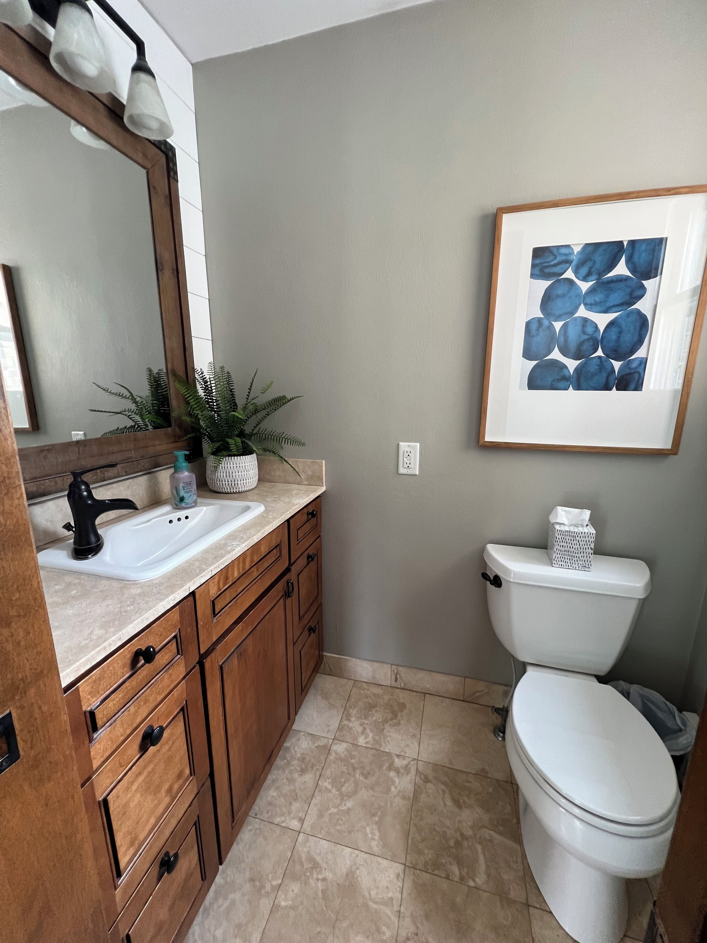 A bathroom with a wooden vanity, a sink, a mirror, a toilet, and a framed artwork on the wall.