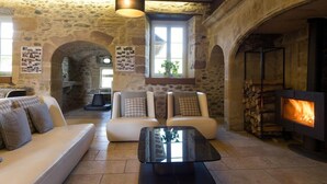 A cozy living room with stone walls, a fireplace, and comfortable seating. - Chateau De La Falque (Saint-Geniez-d'Olt-et-d'Aubrac)