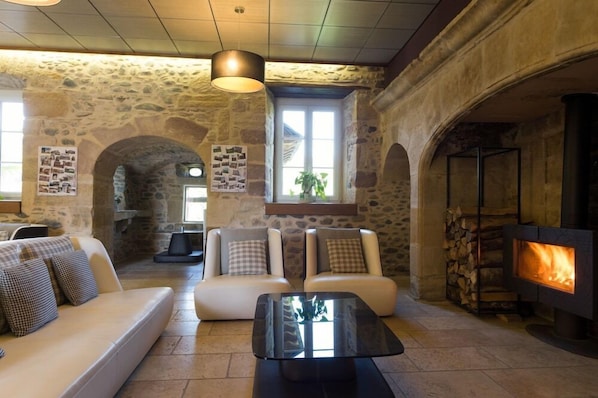 A cozy living room with stone walls, a fireplace, and comfortable seating. - Chateau De La Falque (Saint-Geniez-d'Olt-et-d'Aubrac)