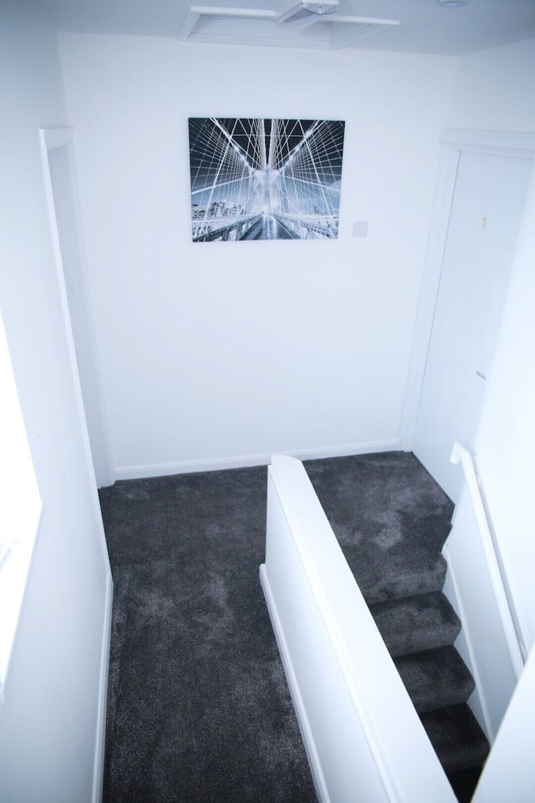 A narrow stairwell with a dark carpet and white walls. A framed picture hangs on the wall above the stairs.