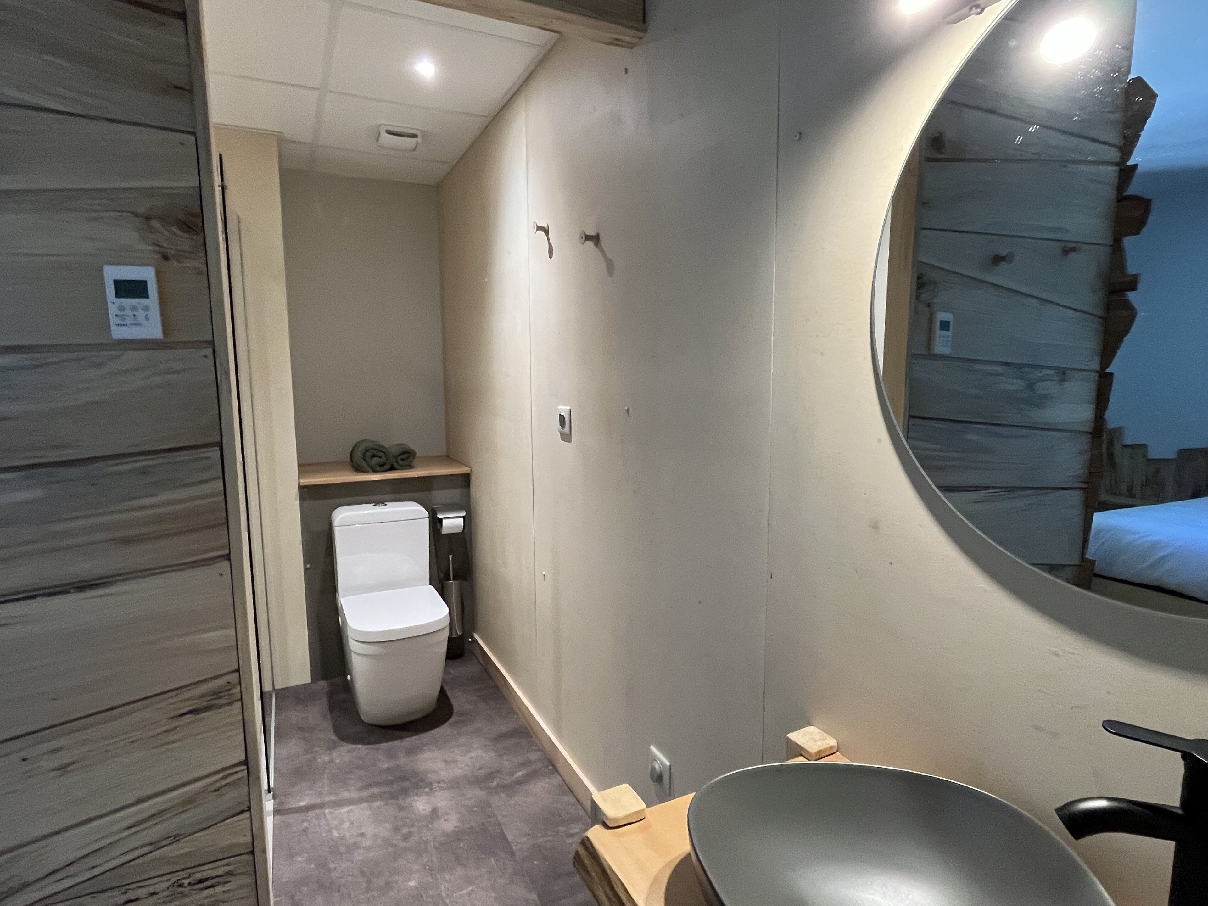 Een kleine badkamer met toilet, wastafel en spiegel.