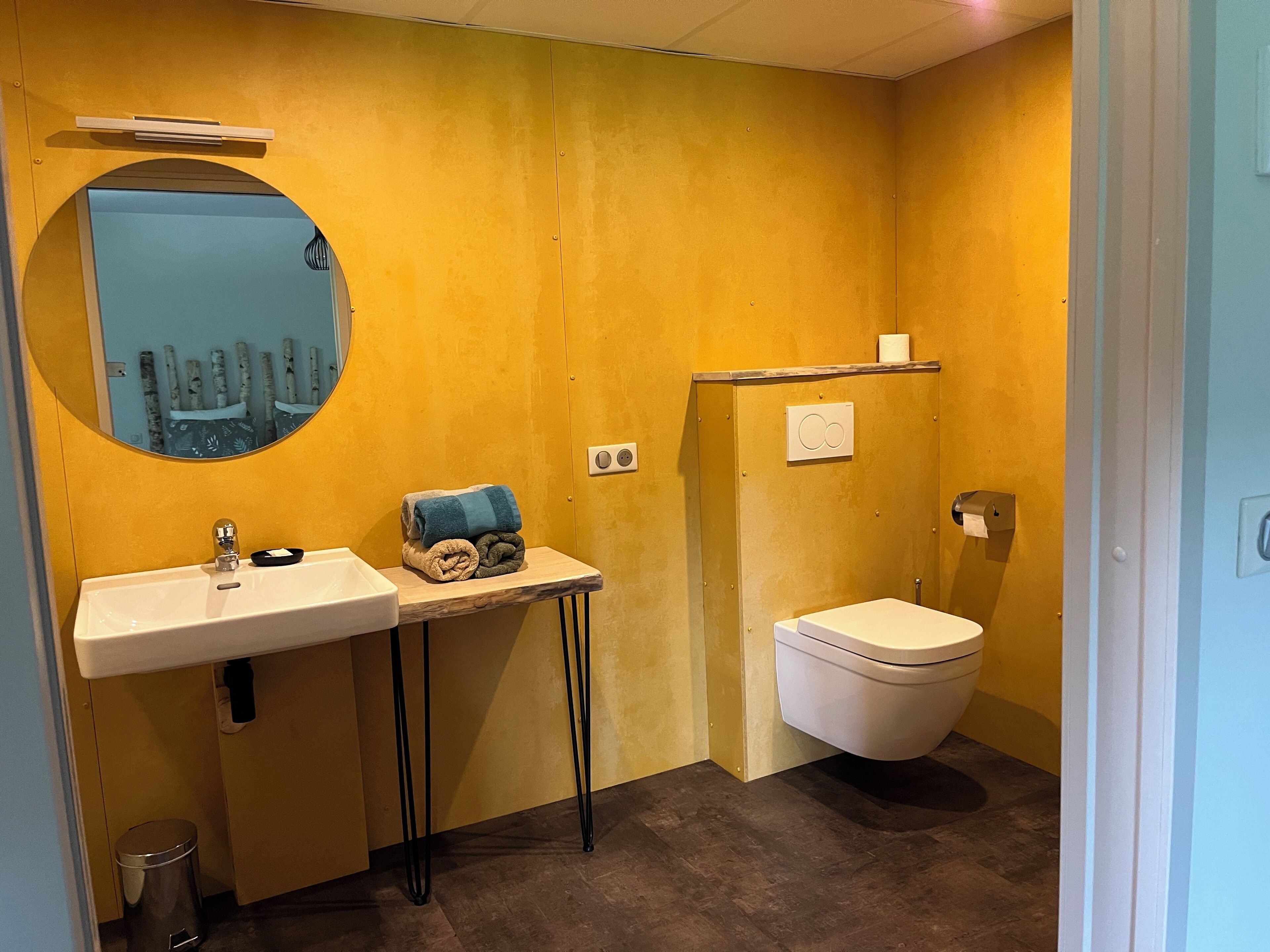 Une petite salle de bain comprenant un lavabo, un miroir et des toilettes.