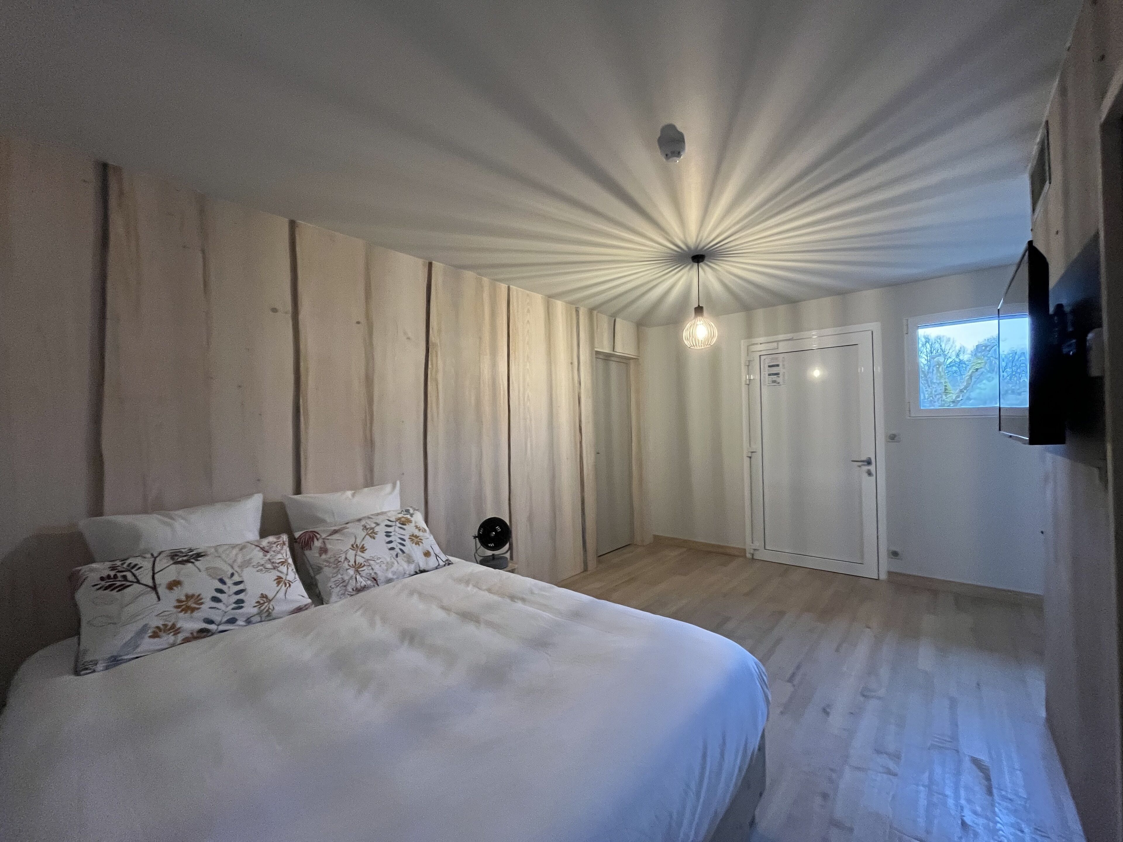 Een slaapkamer met een bed, een plafondlamp, een deur en een raam.