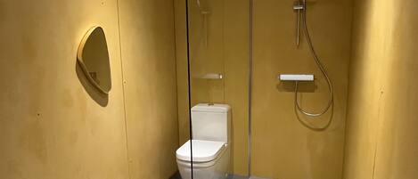 A modern bathroom with a toilet, a shower, and a mirror.