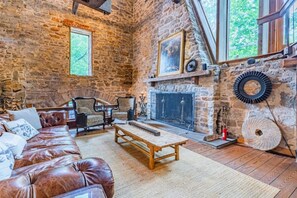 TV, fireplace, books