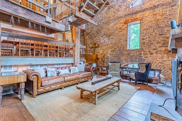 TV, fireplace, books