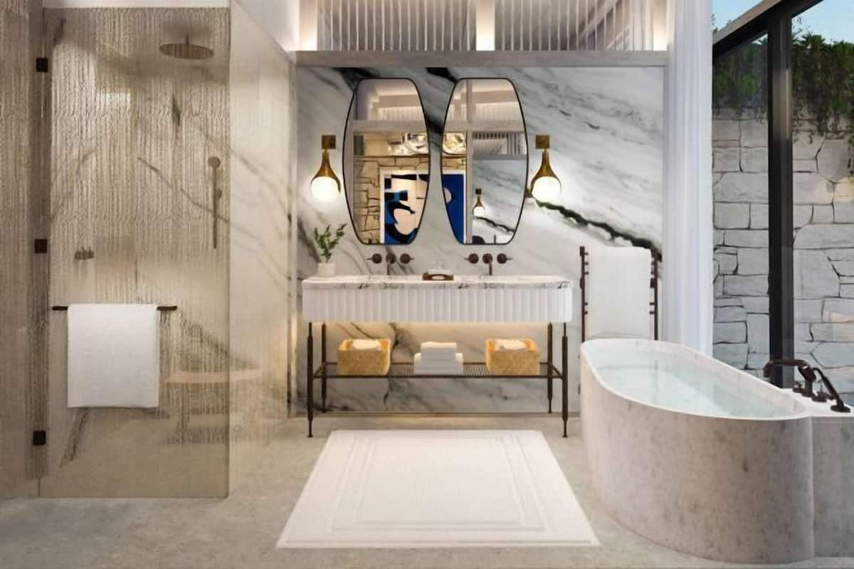 Bathroom | Separate tub and shower, rainfall showerhead, hair dryer, bathrobes